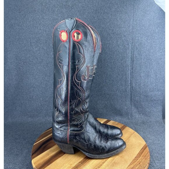 Vtg Justin Tall Elephant Print Spellout Buckaroo Leather Boots Black Red 6.5D - Picture 1 of 12